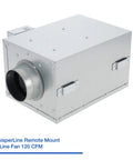 WhisperLine Remote Mount Inline Vent Fan 120 CFM with metal casing, side view showing the inlet and outlet ports.