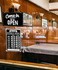 Open sign with business hours displayed on store window. Open Closed Sign Set With Business Hours Flip Sign For Window And Door Includes Vinyl Sticker Pack Eye Catching Open For Biz And Closed Messages Perfect For Store Restaurant Or Bar Black