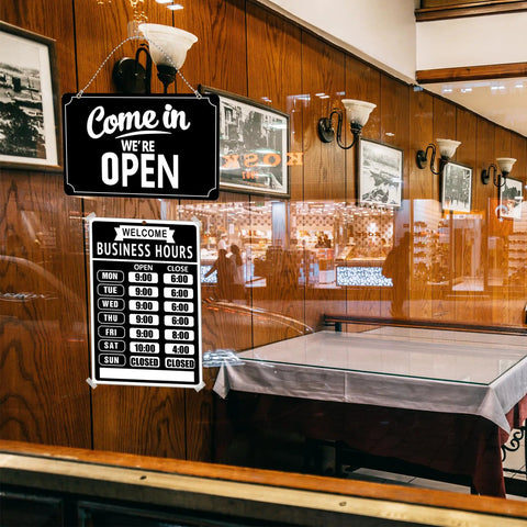 Open sign with business hours displayed on store window. Open Closed Sign Set With Business Hours Flip Sign For Window And Door Includes Vinyl Sticker Pack Eye Catching Open For Biz And Closed Messages Perfect For Store Restaurant Or Bar Black