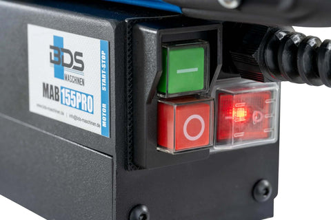 MAB 155PRO magnetic drill control panel with green start button, red stop button and BDS Maschinen label.