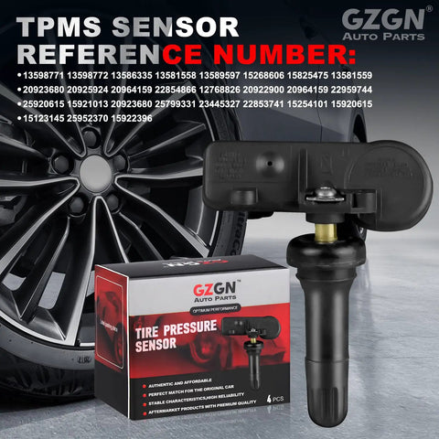 Set Of 4 Pre Programmed 315MHz TPMS Sensor Compatible With Chevy Silverado GMC Sierra Cadillac Buick Pontiac Saturn Hummer Saab Replace 13586335 13598771 13598772 Plug And Play Ready To Install Tire Pressure Sensor Kit on box and sensor