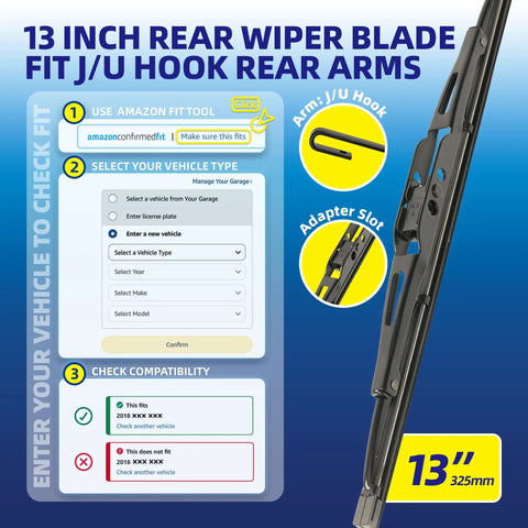 13 Inch Rear Windshield Wiper Blade For Chevy Equinox Cadillac Escalade Gmc Terrain showing J/U hook compatibility details.