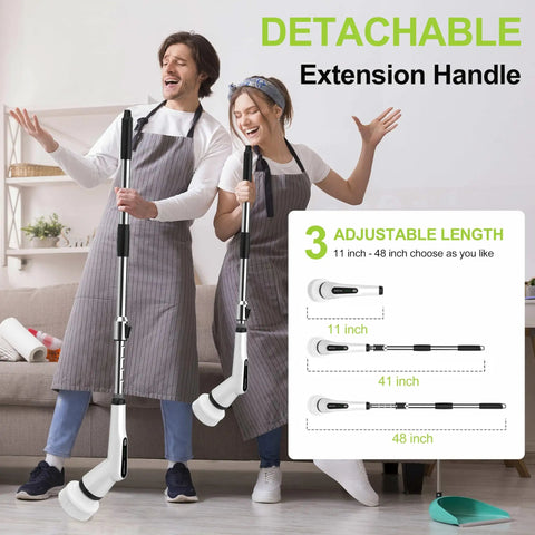 Badass Cordless Electric Spin Scrubber With High Torque Motor And Adjustable Speeds, showing detachable extension handle and adjustable lengths.