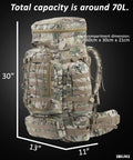 Beefed Up Large Military Style Backpack 70L Tactical Rucksack With MOLLE System, 1000D Polyester, Camo Design, Side View