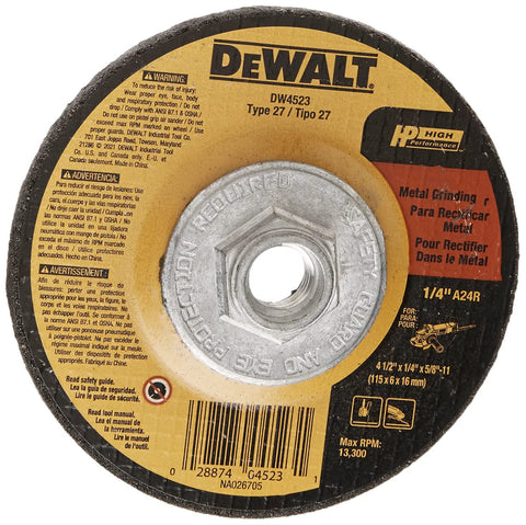 DEWALT metal grinding wheel, Type 27, 4-1/2 in diameter, 1/4 in thick, 5/8 in arbor