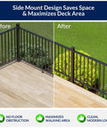 Side view comparison of Built Tough Aluminum Deck Railing Kit 2 Pack 36 Inch High By 6 Feet Wide showcasing space-saving design.