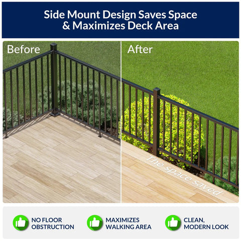 Side view comparison of Built Tough Aluminum Deck Railing Kit 2 Pack 36 Inch High By 6 Feet Wide showcasing space-saving design.
