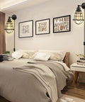Bedroom with Two Pack Plug In Wall Sconces Set Industrial Wire Cage Black Farmhouse Vintage Wall Lighting with Plug In Cord.