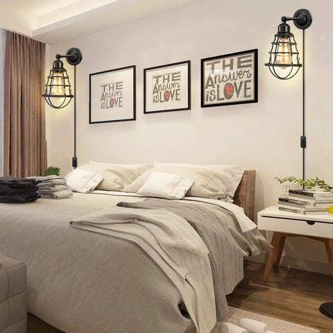Bedroom with Two Pack Plug In Wall Sconces Set Industrial Wire Cage Black Farmhouse Vintage Wall Lighting with Plug In Cord.