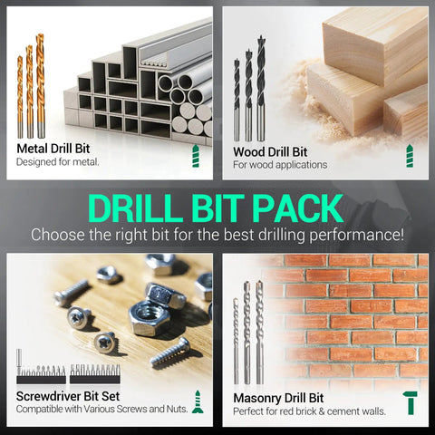 Drill bit pack for metal, wood, screws, and masonry in 20V Cordless Hammer Drill Kit with 354 in lb torque.