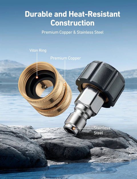 AstroAI pressure washer quick-connect: brass M22 swivel adapter and stainless steel connector, 3/8 and 3/4 disconnects