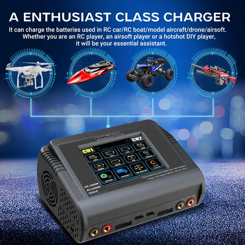 Dual RC Battery Charger With Touch Screen Beefy Power 200W AC Or 400W DC with interface, supports RC cars and drones