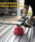 Six Inch Abrasive Filament Nylon Cup Brush With Five Eighth Inch Thread And One Quarter Inch Hex Drill Shank Arbor Coarse Grit Angle Grinder Brush for truck bed liner surface prep and rust removal in use on a metal surface.