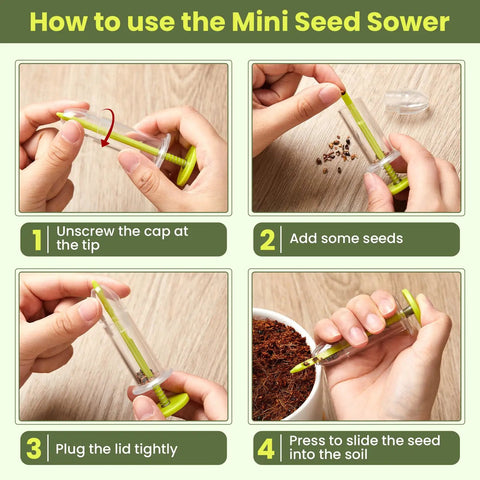 Instructions for using Six Piece Mini Seed Dispenser Kit With Two Transplanting Tools And Seed Planter in Fluorescent Yellow.