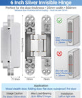 Diagram of 6 inch silver hidden door hinge set 2 pack showing installation guidelines and door thickness requirements.