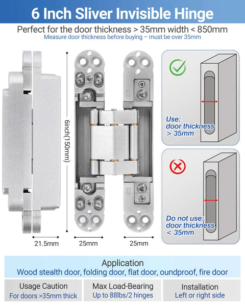 Diagram of 6 inch silver hidden door hinge set 2 pack showing installation guidelines and door thickness requirements.