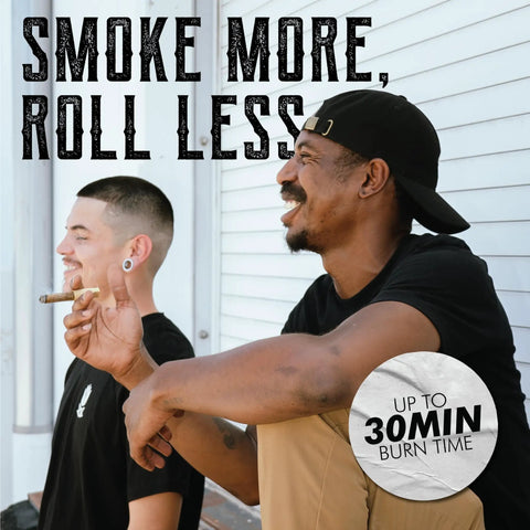 Two people enjoying smokes with text 'Smoke More, Roll Less,' highlighting 30-minute burn time of Mini Cannagar Mold And Cigar Roller Kit.