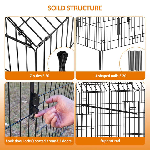 Heavy Duty Metal Chicken Coop With Cover, 86 By 40 By 39 Inches Outdoor Run Pen details showing zip ties, U-shaped nails, and locks.