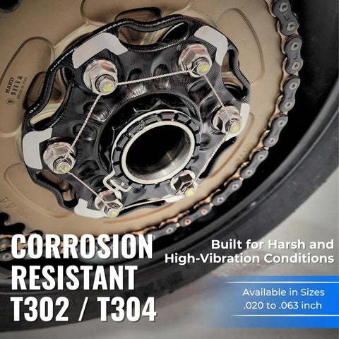 Close-up of wheel hub with Stainless Steel Safety Lock Wire.032 Gauge T302/304 for aircraft, automotive, and industrial use