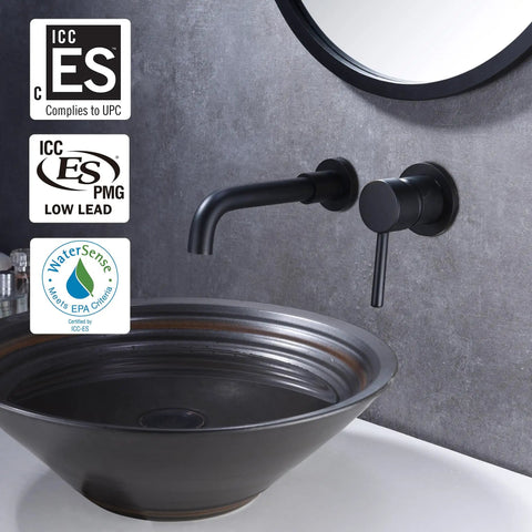 Wall Mount Bathroom Faucet Matte Black With RoughIn Valve Included Solid Brass Valve Body Corrosion And Tarnish Resistant Finish Vessel Sink Ready HighFlow Design Model S1385DI BuiltToLast Easy Install