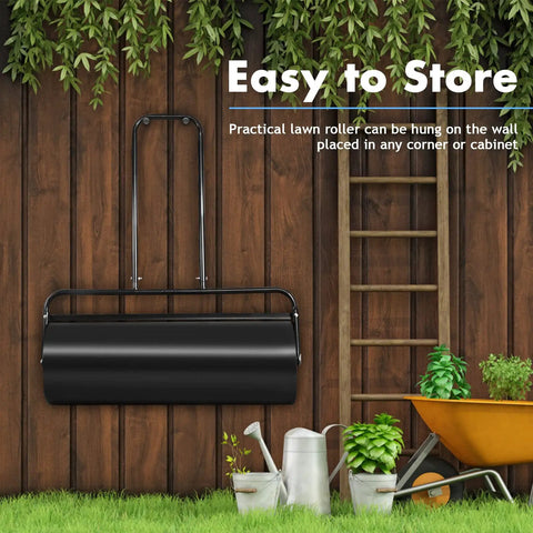 Heavy Duty Steel Lawn Roller 17 Gallon Push Pull Sod Roller Water And Sand Filled 36 By 12 Inch hanging on a wooden wall