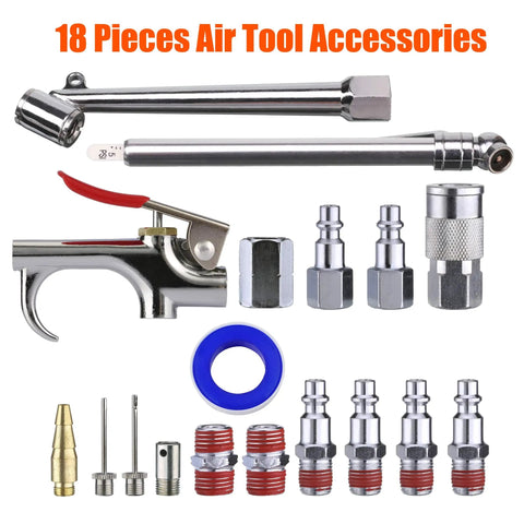 Air Compressor Kit With Three Eighth Inch By Twenty Five Foot PVC Hose And Eighteen Essential Air Tool Accessories displayed