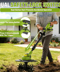 Person using 20V Cordless Tiller With Two Batteries, Feather-Light Rototiller For Seniors, 360 RPM High Torque Cultivator With 48 Steel Tines