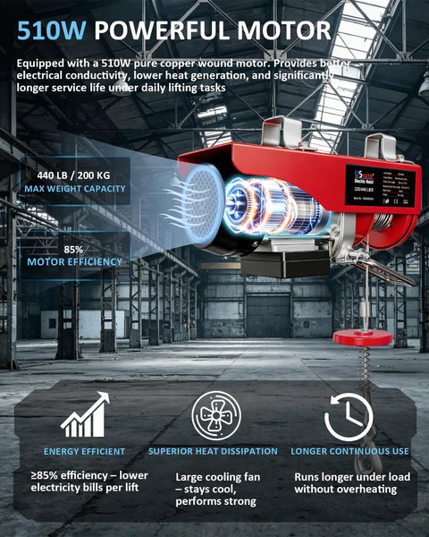 Heavy Duty Electric Hoist 440 Lb Winch With 14.1 Ft Wired Remote And Emergency Stop 110V Lift System With 510W Motor in warehouse
