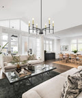 Black Farmhouse Chandelier With Six Lights For Dining Room And Kitchen Island in modern living room setting