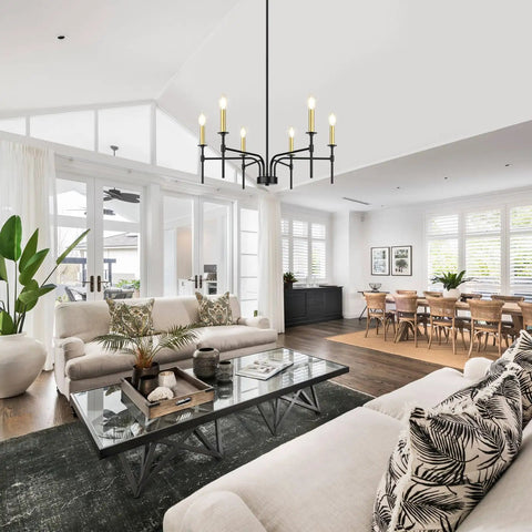 Black Farmhouse Chandelier With Six Lights For Dining Room And Kitchen Island in modern living room setting