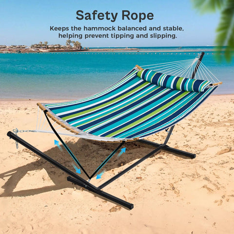 Two Person Heavy Duty Hammock With Stand And Padded Cotton, Detachable Pillow, Strong Curved Bar, in dark cyan on beach
