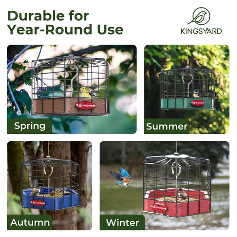 Ultra Sturdy Squirrel Proof Platform Bird Feeder with green recycled plastic and metal cage shown in different seasonal settings.