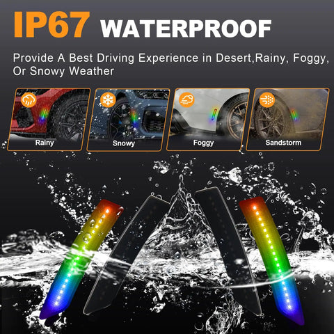 Ford Mustang S650 RGB LED Side Marker Lights Kit Smoked Lens IP67 waterproof feature demonstration