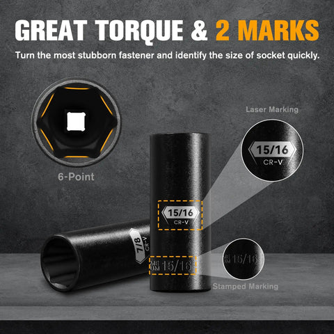 Beefy Three Eighths Inch Drive Deep Impact Socket Set 16 Piece Metric range from 7mm to 22mm includes 6 point detail view.