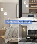 Frosted Glass Globe Floor Lamp With Contemporary LED Lighting In Antique Brass Finish in bedroom, dining area, and living room settings.