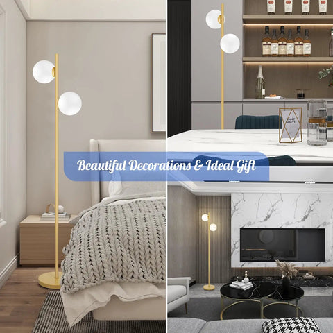 Frosted Glass Globe Floor Lamp With Contemporary LED Lighting In Antique Brass Finish in bedroom, dining area, and living room settings.
