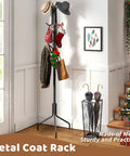 Freestanding Coat Rack With Twelve Hooks, Standing Coat Tree And Hat Hanger, Metal Jacket Organizer, Black Finish, 71.5 Inches Tall