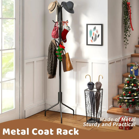 Freestanding Coat Rack With Twelve Hooks, Standing Coat Tree And Hat Hanger, Metal Jacket Organizer, Black Finish, 71.5 Inches Tall