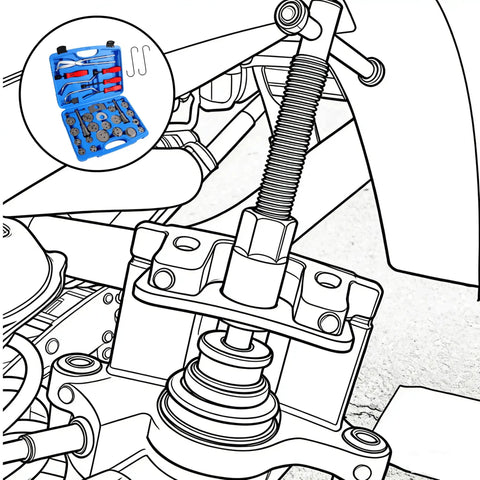 Heavy Duty Brake Tool Set 32 Pieces Caliper And Drum Tools Including Pliers Installer Remover Retainer Thrust Bolt Adapters shown in use.