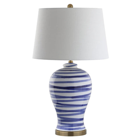 Blue And White Ceramic Table Lamp 29 Inch Tall With White Linen Shade For Living Room Bedroom Or Office Coastal Vibe Modern Nightstand Lamp With Energy Saving LED Bulb Included