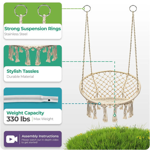 Boho Macrame Swing Chair For Indoor And Outdoor Use, Durable Cotton Hanging Hammock with tassels, ceiling mount design