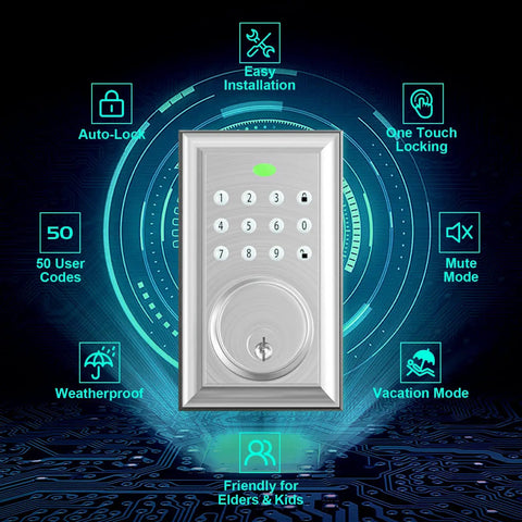 Keypad Deadbolt Electronic Keyless Door Lock Set With Exterior Handle Auto Lock 1 Touch Locking 50 User Codes Easy To Install