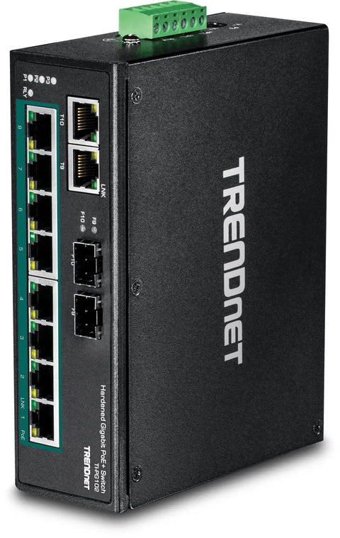 Workhorse Industrial Eight Port PoE Plus Gigabit DIN Rail Mountable Switch With Two Shared SFP Ports 240W PoE Budget IP30 Enclosure