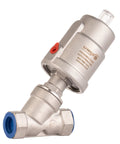 UNOX 3/4-inch stainless steel pneumatic valve, side view, angle-seat, normally closed, threaded connection.