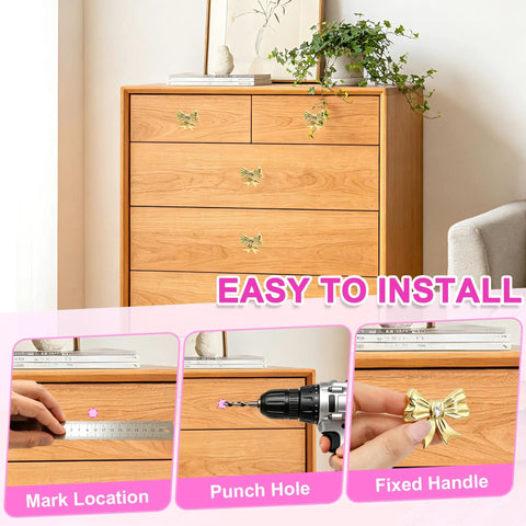 8 Pack Gold Bow Dresser Knobs Set For Cabinets And Drawers on a wooden dresser, easy installation steps shown.