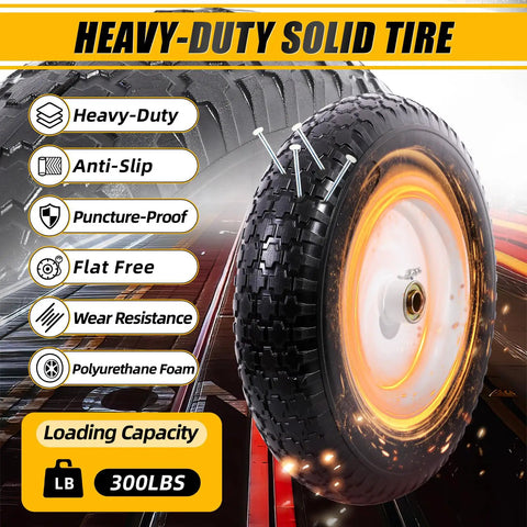 Beefy 14.5 Inch Wheelbarrow Wheel Solid Tire Replacement Kit with white rim and features for hand trucks and garden carts.