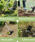 Long Handle Weed Puller Tool 58 Inch in action, removing weeds and loosening soil in garden with 2 in 1 weeder rake and hoe combo.