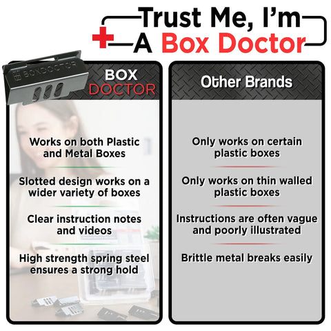 Comparison chart highlighting advantages of Easy Fix For Loose Outlets And Switches With Electrical Wall Box Repair Clips 10 Pack