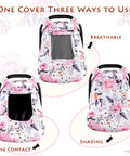 Girls Car Seat Cover Pea Pod Infant Canopy With Dual Windows And Breathable Mesh showcasing three usage styles in floral pink.