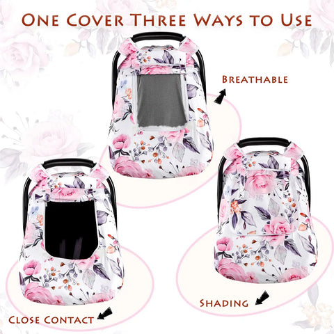 Girls Car Seat Cover Pea Pod Infant Canopy With Dual Windows And Breathable Mesh showcasing three usage styles in floral pink.